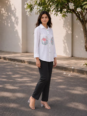 White Cotton Flex Shirt with Embroidered