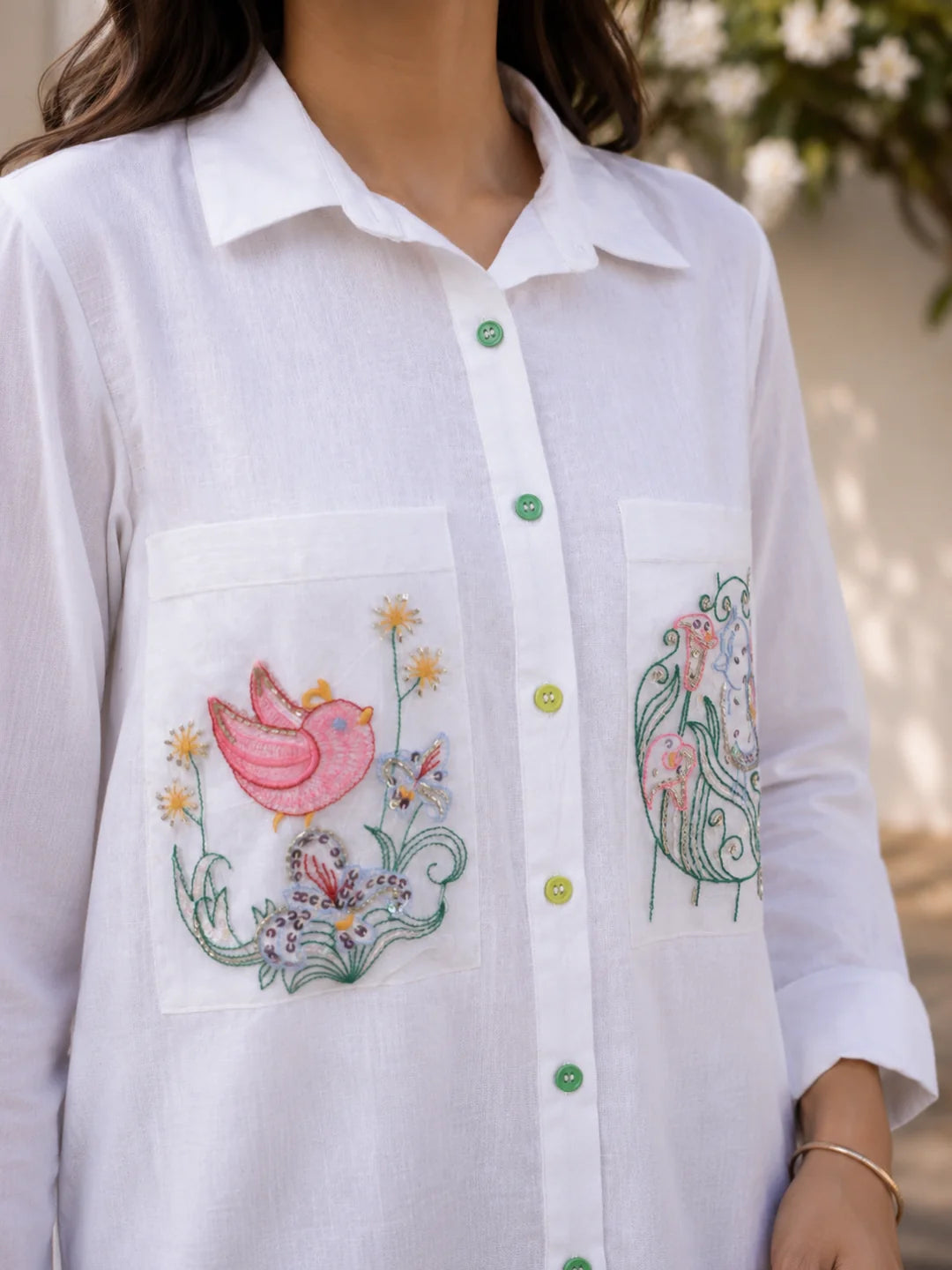 White Cotton Flex Shirt with Embroidered