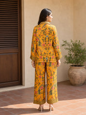 Mustard Yellow Floral Embroidered Printed Muslin Co-ord Set