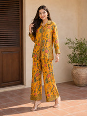 Mustard Yellow Floral Embroidered Printed Muslin Co-ord Set