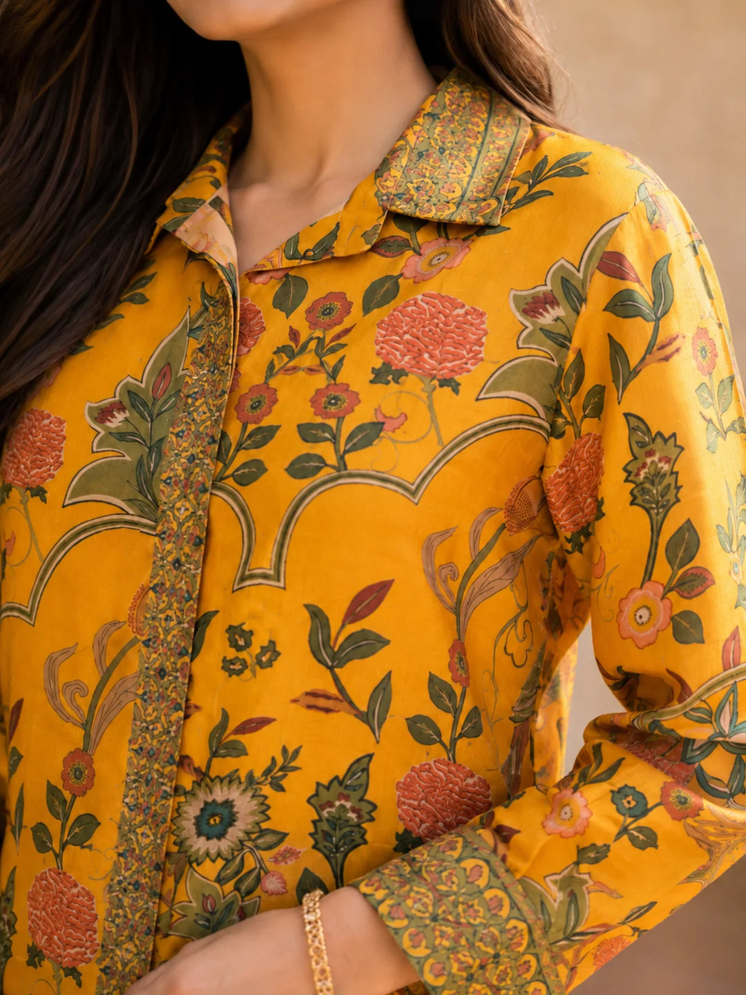 Mustard Yellow Floral Embroidered Printed Muslin Co-ord Set