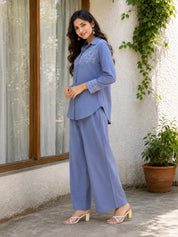 Zenith Blue Work Detailed Front Cotton Flex Co-ord Set