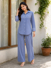 Zenith Blue Work Detailed Front Cotton Flex Co-ord Set