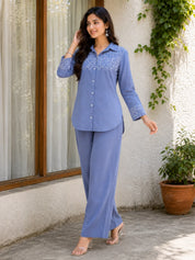 Zenith Blue Work Detailed Front Cotton Flex Co-ord Set