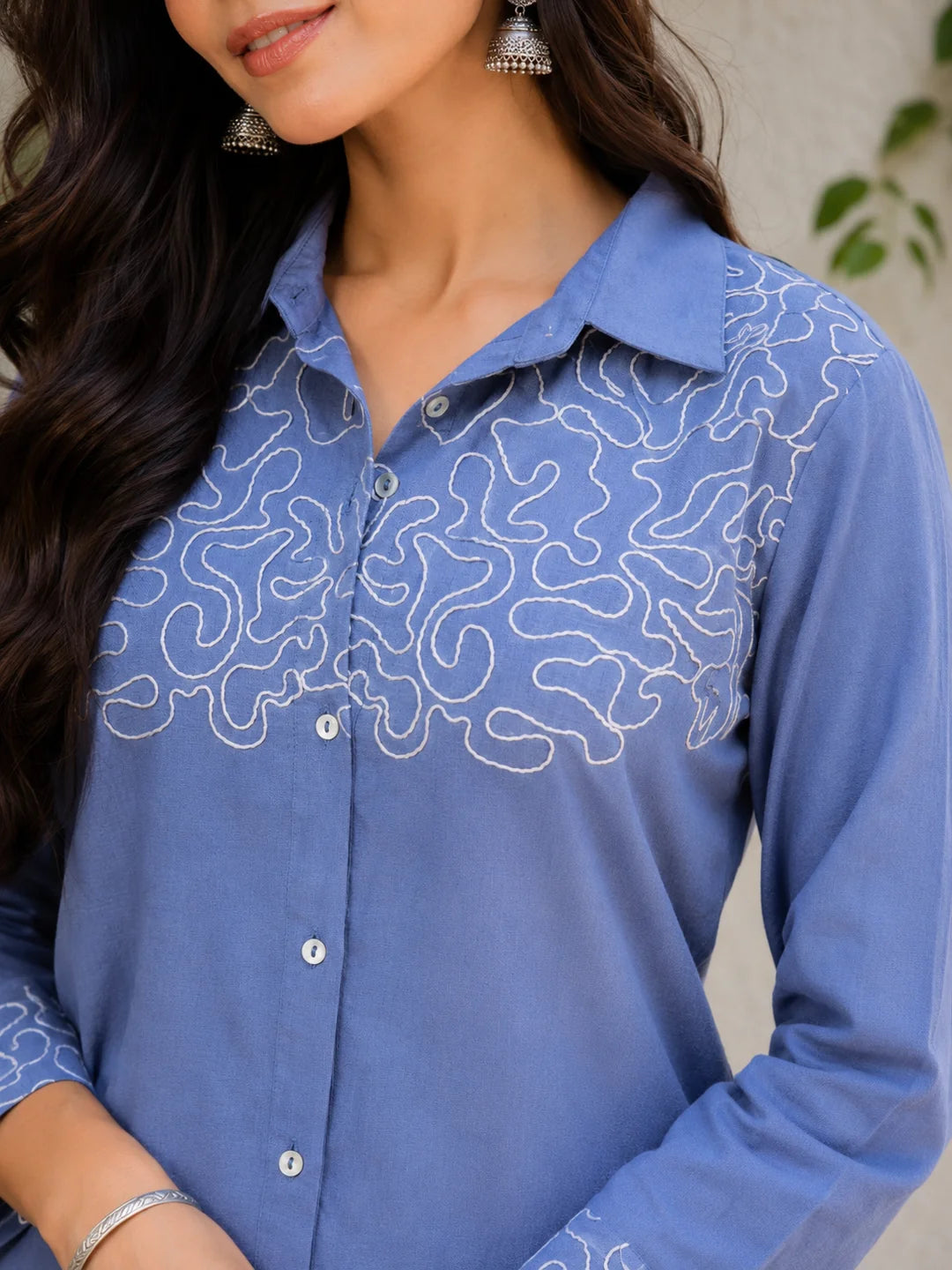 Zenith Blue Work Detailed Front Cotton Flex Co-ord Set
