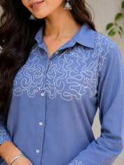 Zenith Blue Work Detailed Front Cotton Flex Co-ord Set