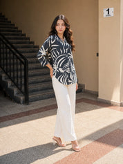 Grey Base Cream Color Abstract Print Russian Silk Tunic