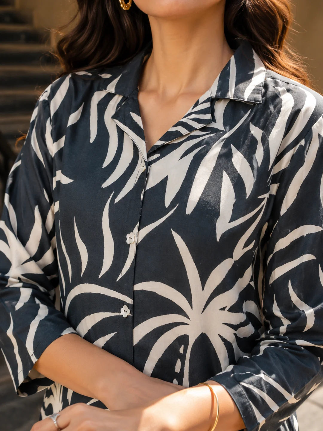 Grey Base Cream Color Abstract Print Russian Silk Tunic