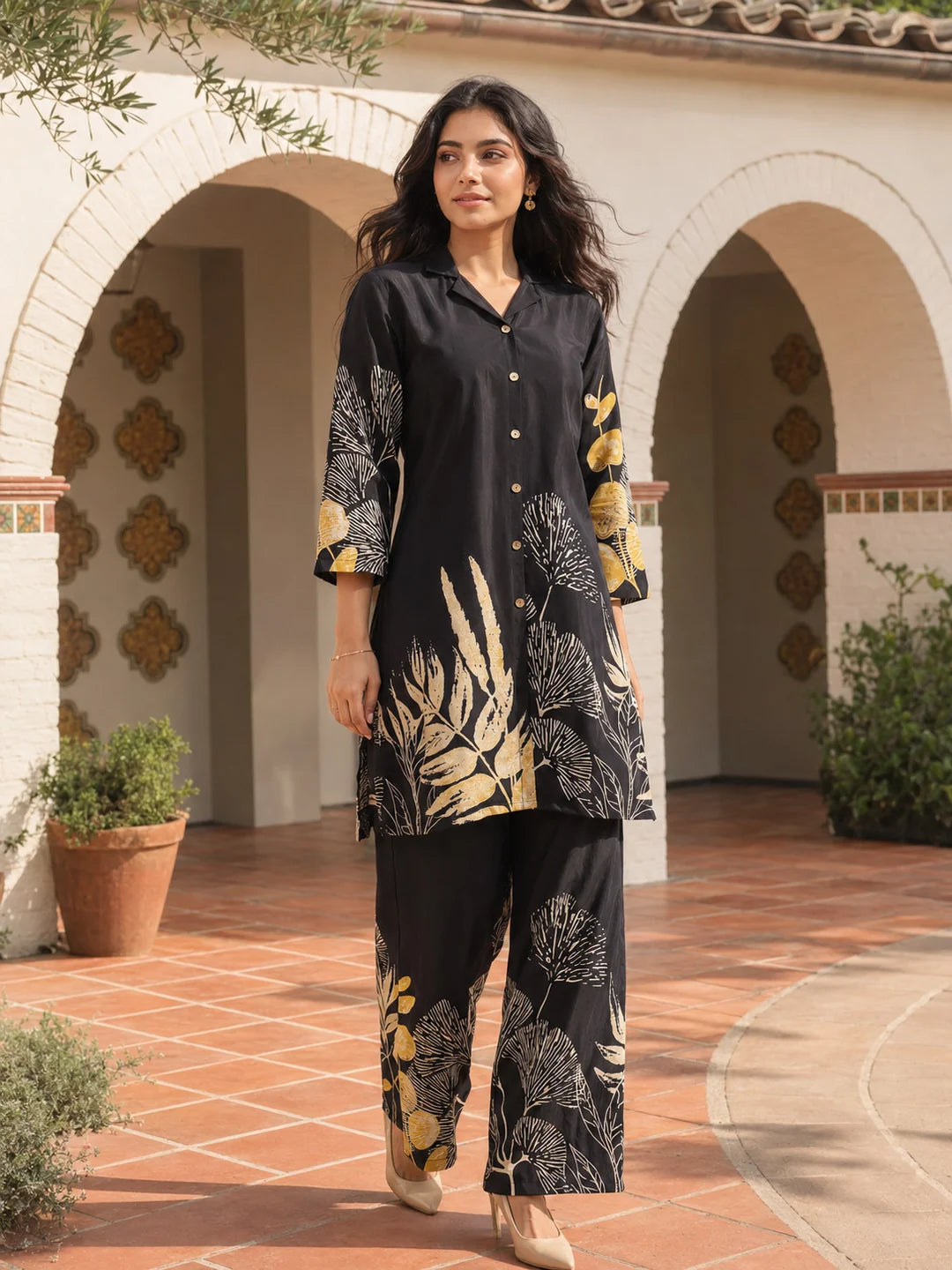 Black Bold Floral Russian Silk Co-Ord Set