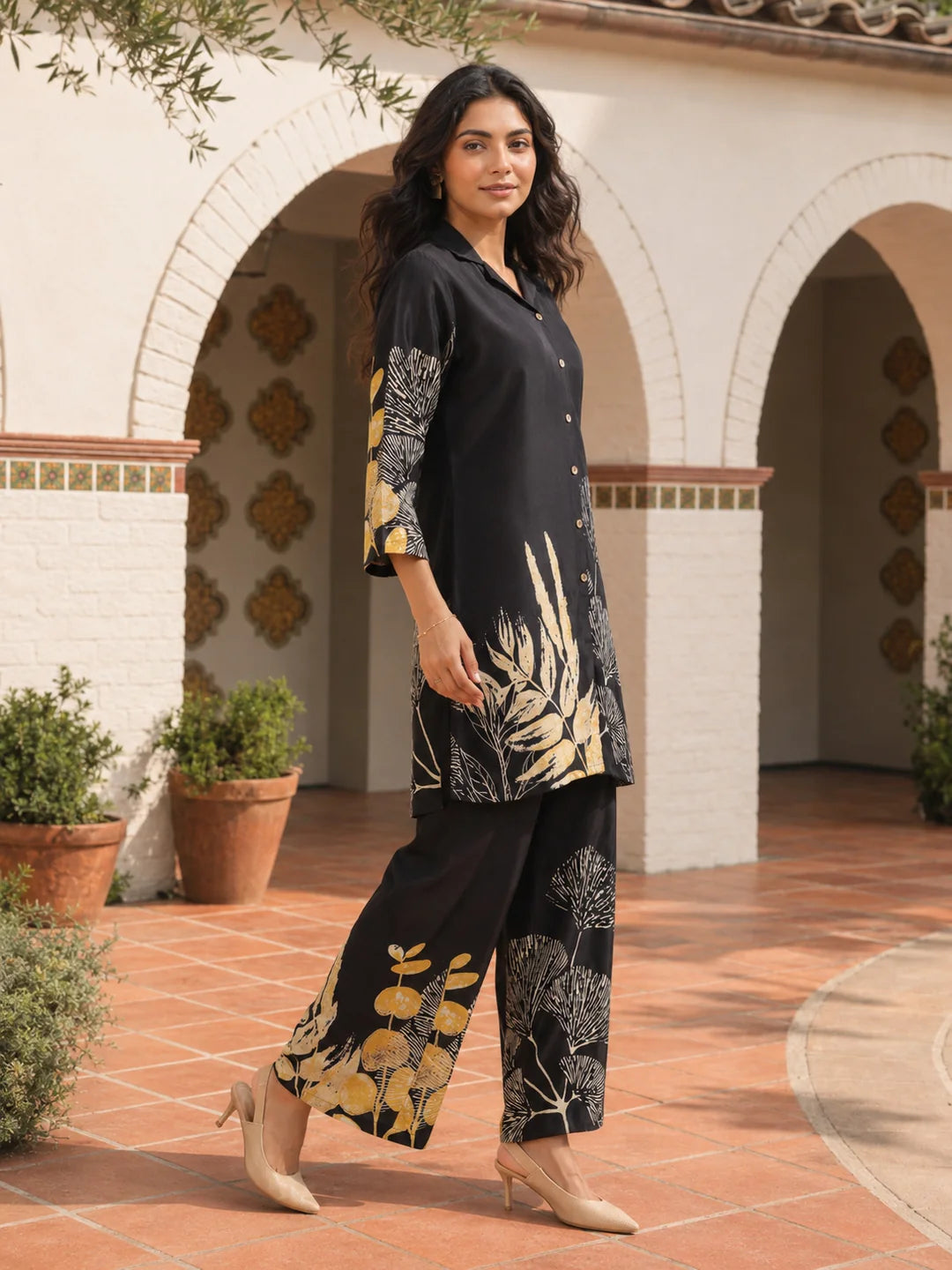 Black Bold Floral Russian Silk Co-Ord Set