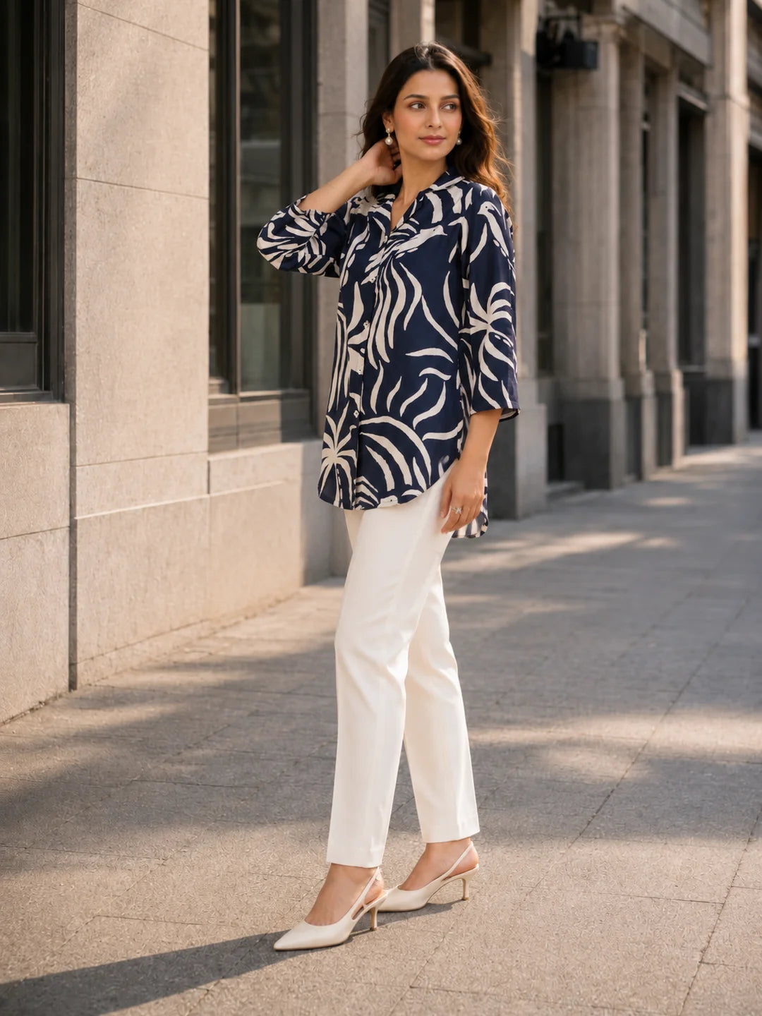 Navy Blue Base Cream Color abstract print Russian Silk Tunic
