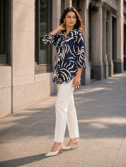 Navy Blue Base Cream Color abstract print Russian Silk Tunic
