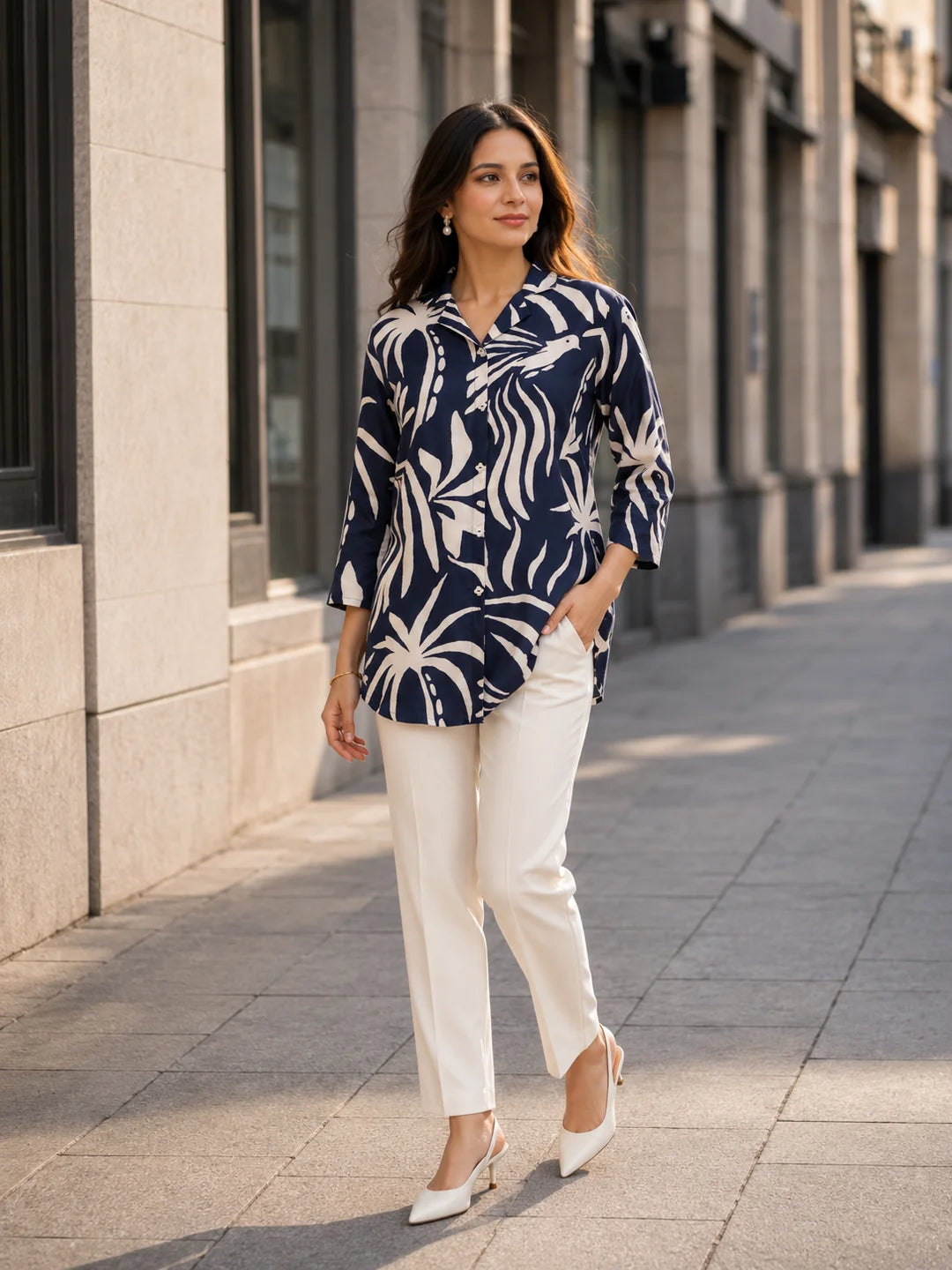 Navy Blue Base Cream Color abstract print Russian Silk Tunic