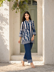 Blue & Cream Striped Floral Print Co-Ord Set in Muslin