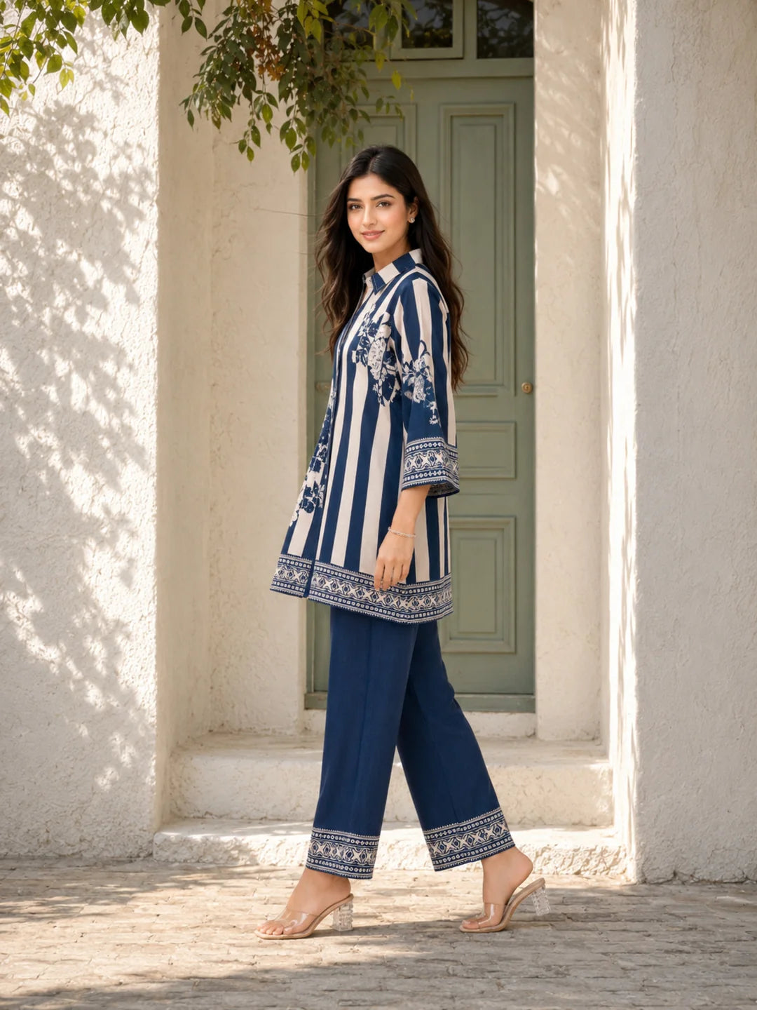 Blue & Cream Striped Floral Print Co-Ord Set in Muslin