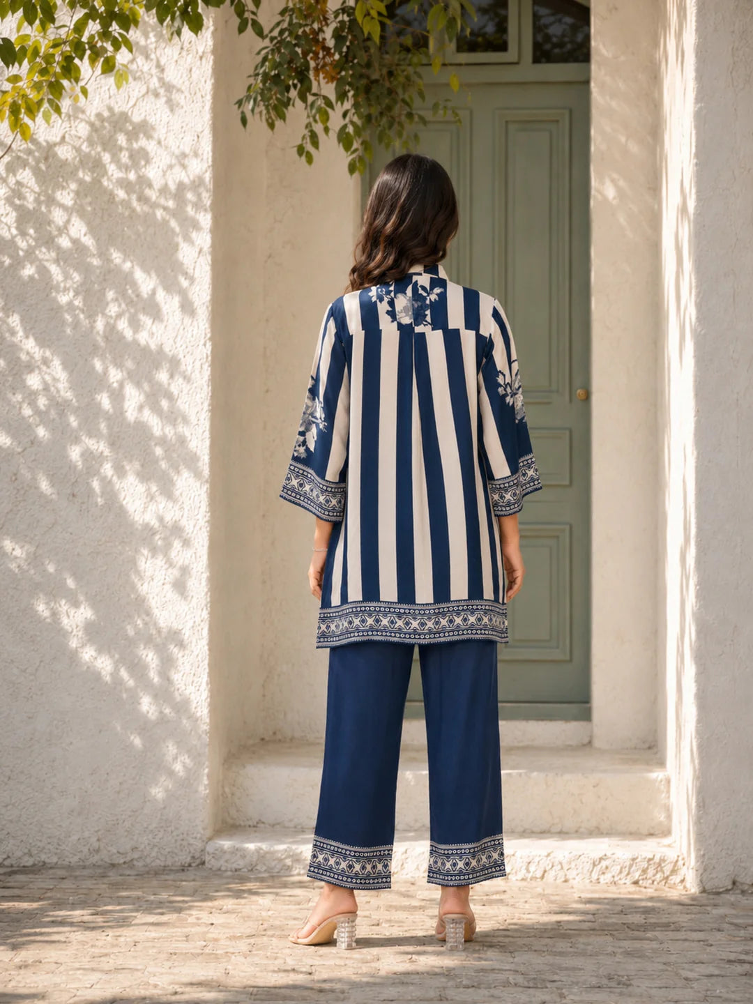 Blue & Cream Striped Floral Print Co-Ord Set in Muslin