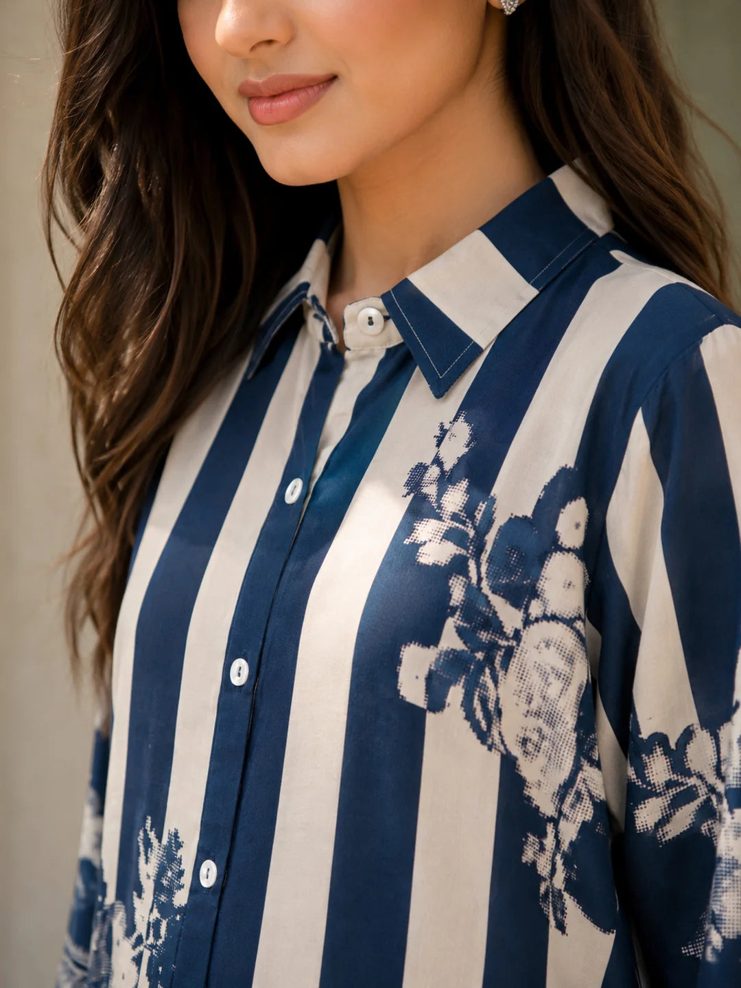 Blue & Cream Striped Floral Print Co-Ord Set in Muslin