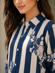 Blue & Cream Striped Floral Print Co-Ord Set in Muslin