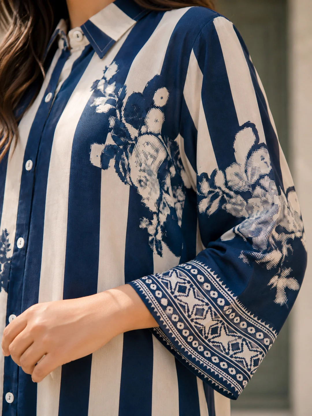 Blue & Cream Striped Floral Print Co-Ord Set in Muslin