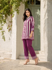 Violet & Cream Striped Floral Print Co-Ord Set in Muslin