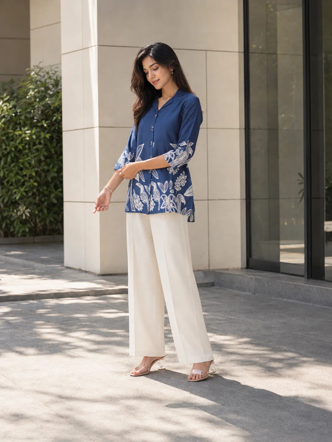 Royal Blue Bold Floral Printed Russian Silk Tunic