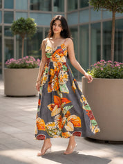 Multi-Color Floral Printed Cotton Midi Dress