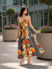 Multi-Color Floral Printed Cotton Midi Dress