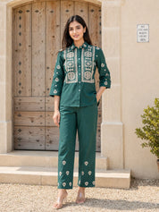 Bottle Green Embroidered Cotton Poplin Co-ord Set