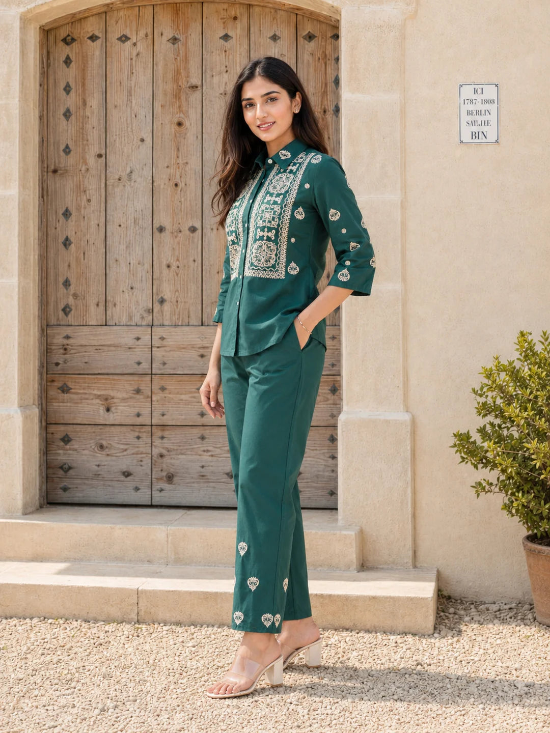 Bottle Green Embroidered Cotton Poplin Co-ord Set