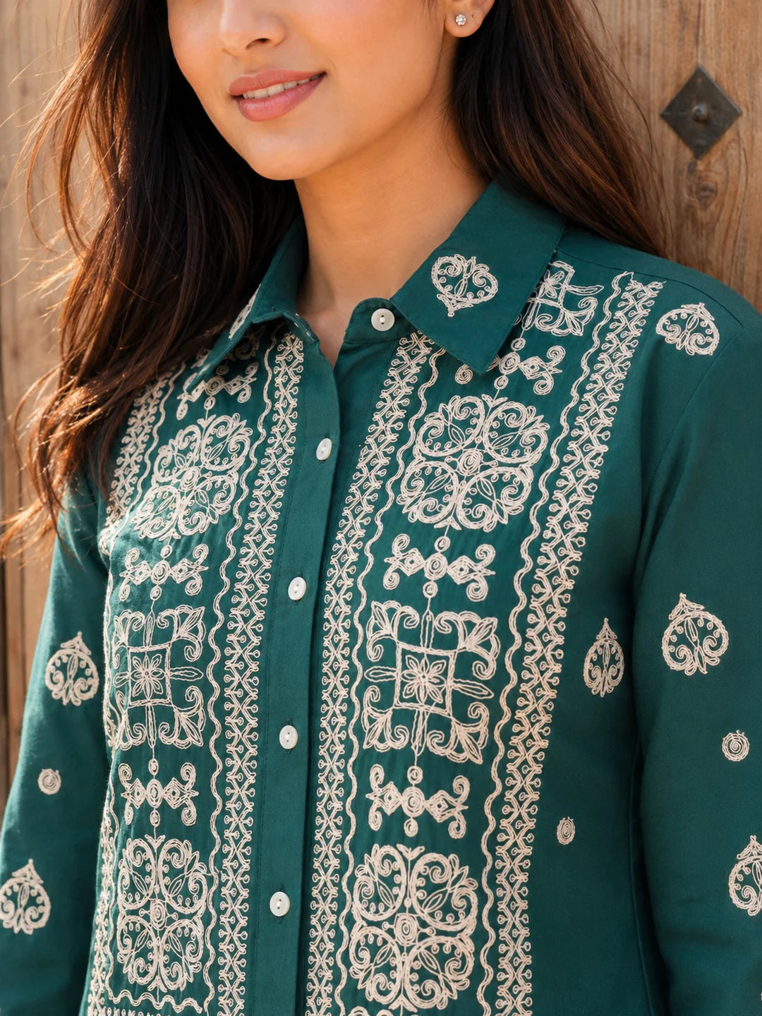 Bottle Green Embroidered Cotton Poplin Co-ord Set