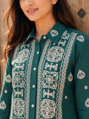 Bottle Green Embroidered Cotton Poplin Co-ord Set