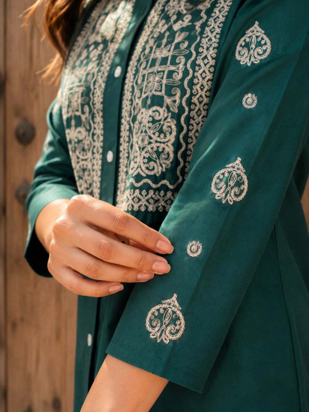Bottle Green Embroidered Cotton Poplin Co-ord Set