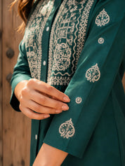 Bottle Green Embroidered Cotton Poplin Co-ord Set