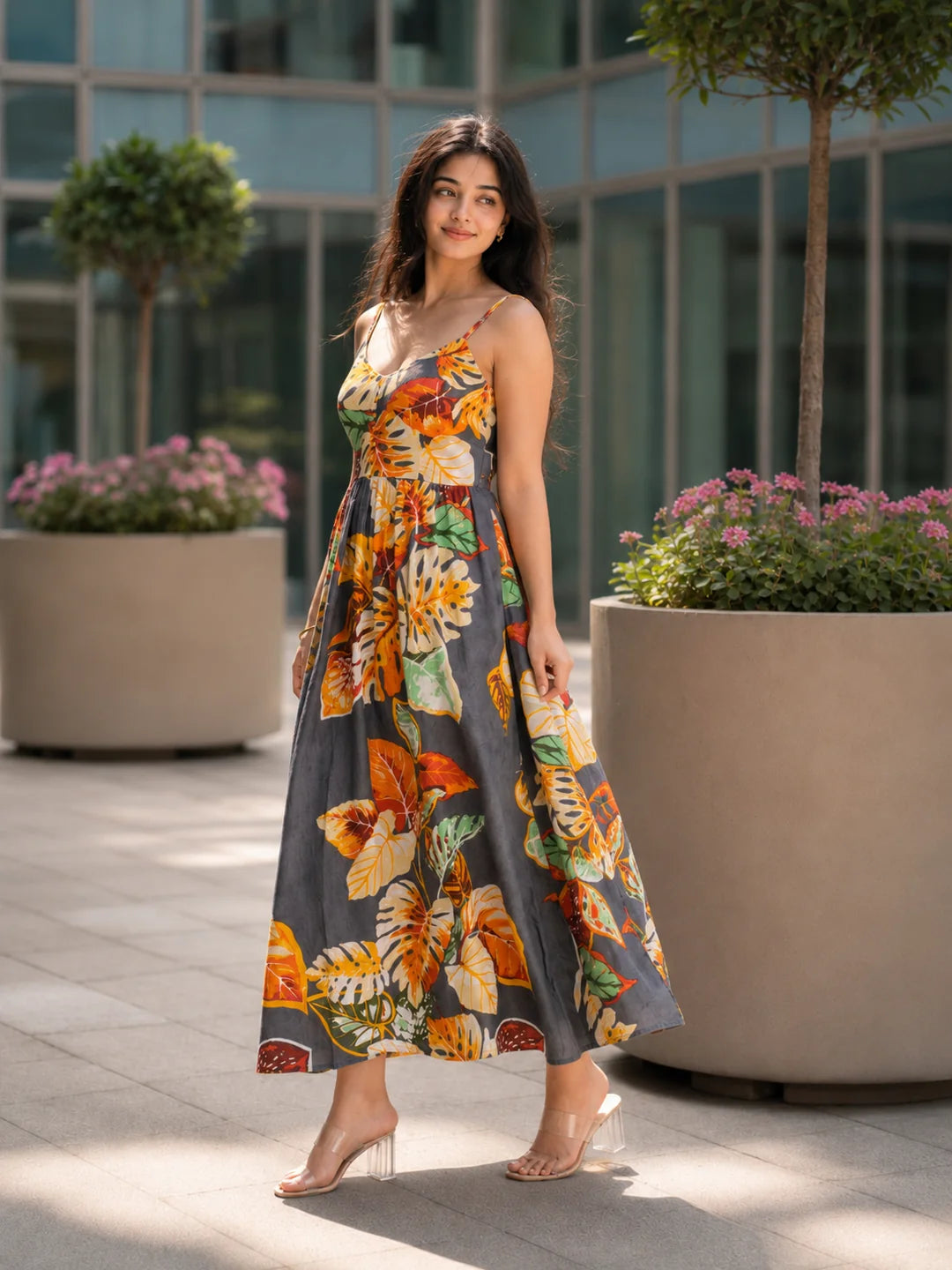 Multi-Color Floral Printed Cotton Midi Dress