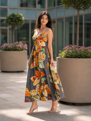 Multi-Color Floral Printed Cotton Midi Dress