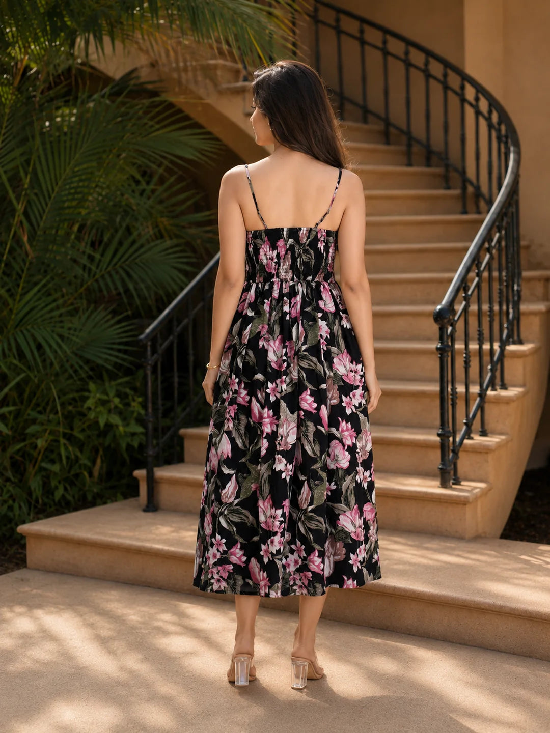 Black Base with Pink Floral Printed Cotton Midi Dress