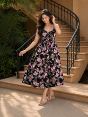 Black Base with Pink Floral Printed Cotton Midi Dress