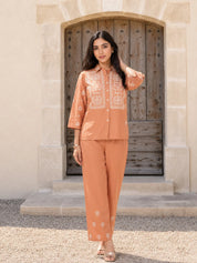 Brown  Embroidered Cotton Poplin Co-ord Set