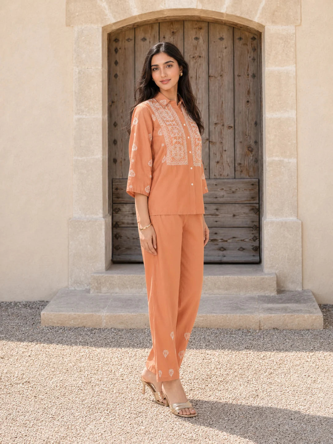 Brown  Embroidered Cotton Poplin Co-ord Set