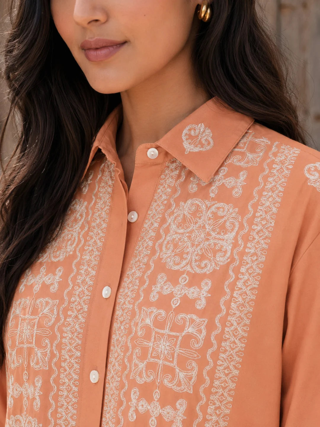 Brown  Embroidered Cotton Poplin Co-ord Set
