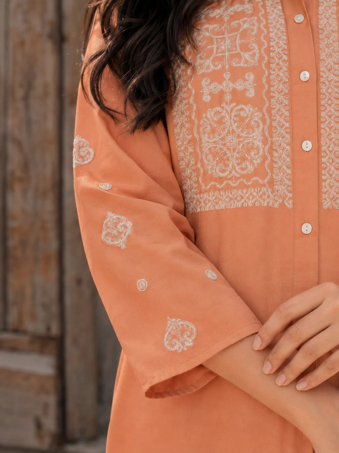 Brown  Embroidered Cotton Poplin Co-ord Set