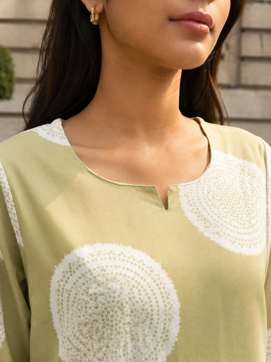 Sage Green Circular Bandhani Printed Short Kurti in Cotton