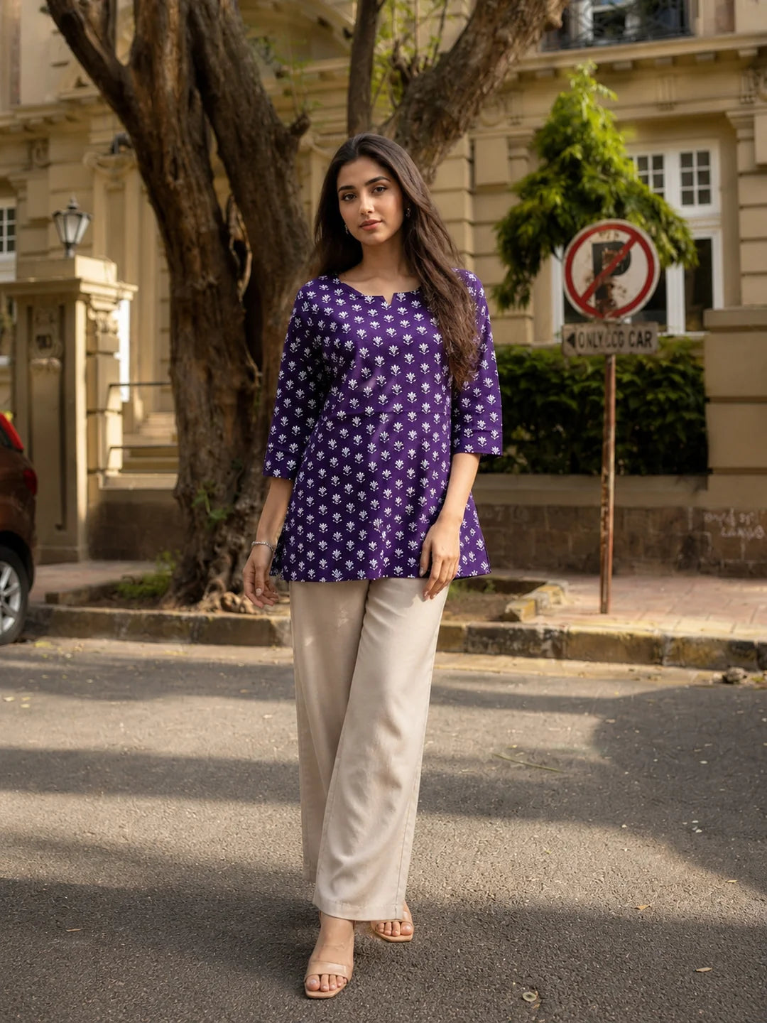 Purple Floral Buti Printed Short Kurti in Cotton