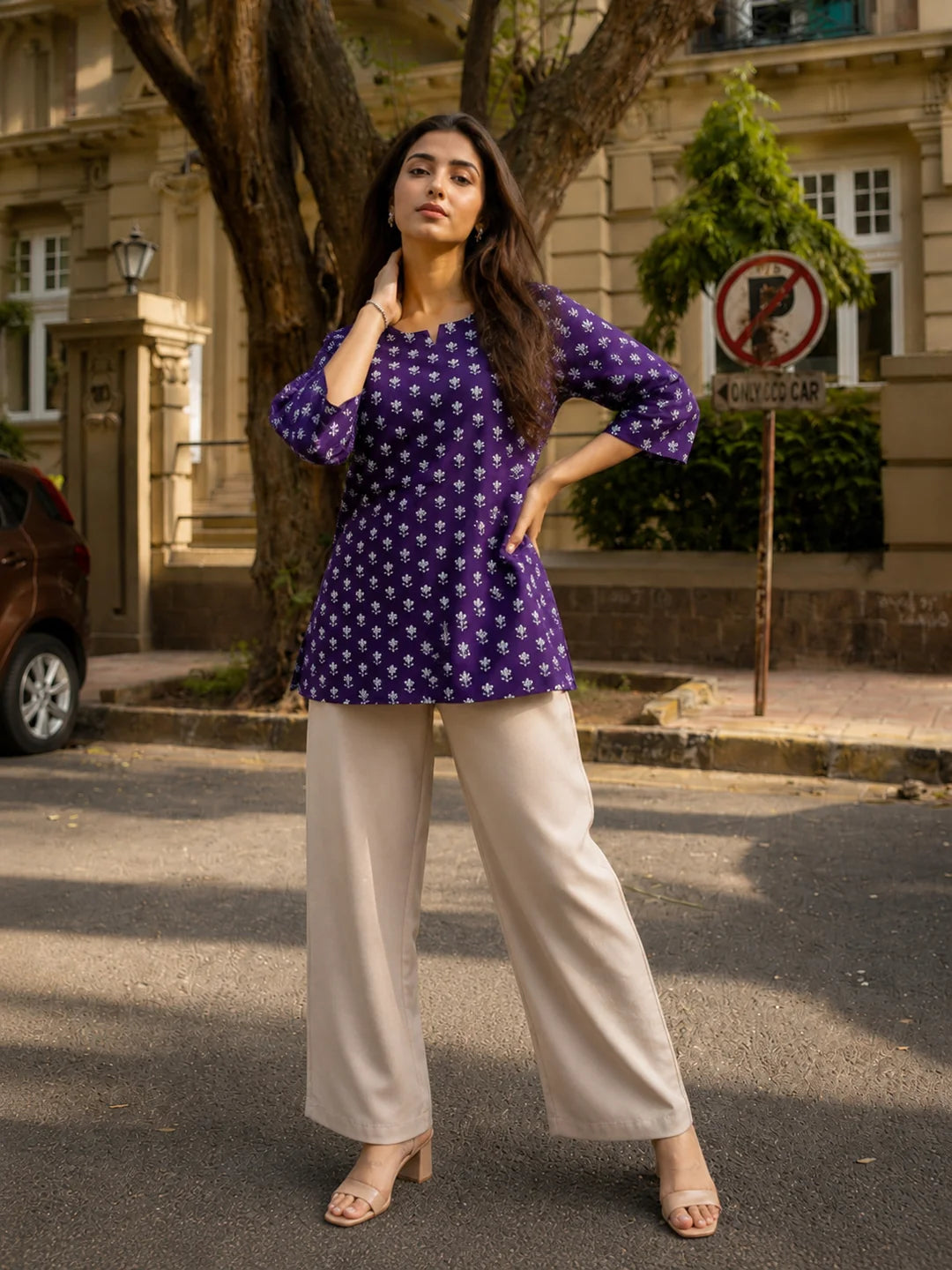 Purple Floral Buti Printed Short Kurti in Cotton
