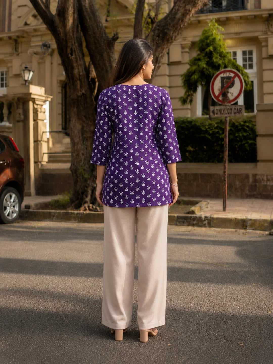 Purple Floral Buti Printed Short Kurti in Cotton