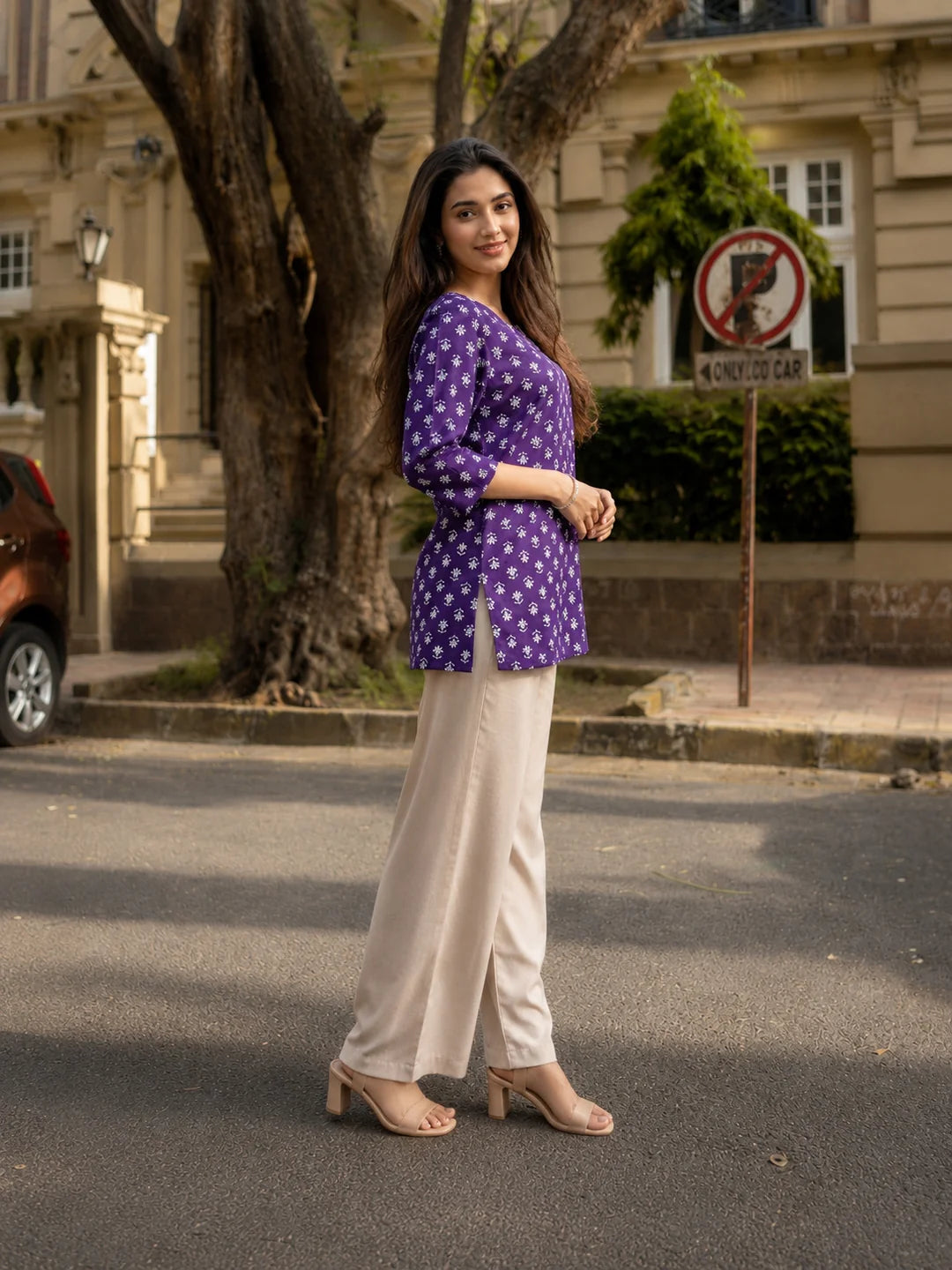 Purple Floral Buti Printed Short Kurti in Cotton