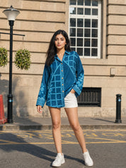 Teal Blue Bandhani Printed Shirt with Wooden Button Fastener in Crepe