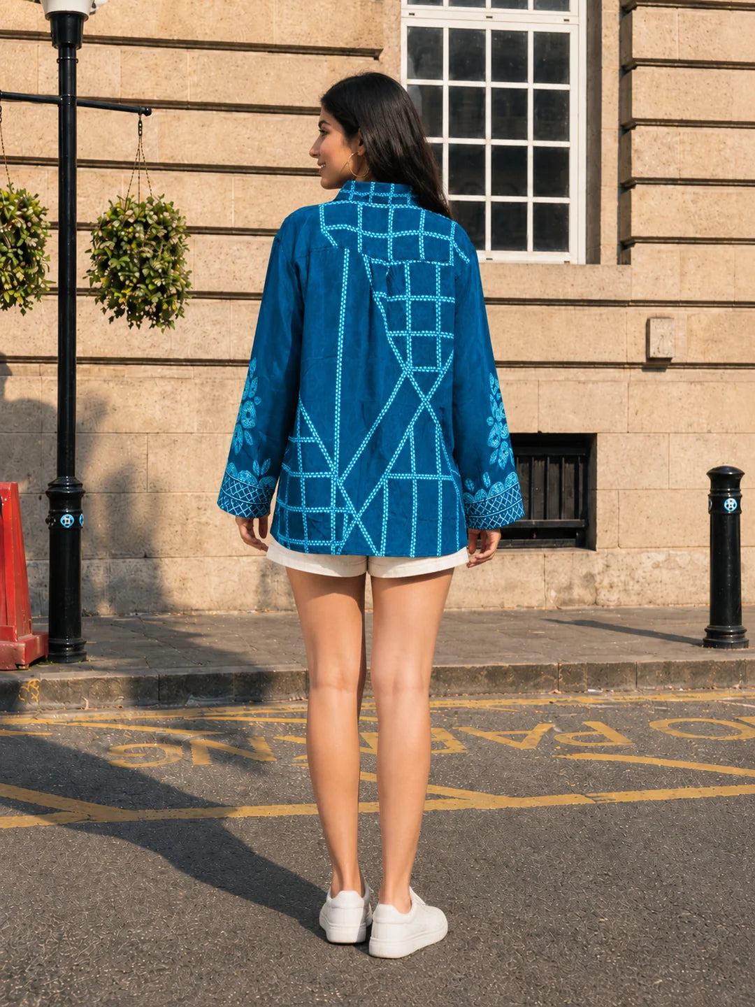 Teal Blue Bandhani Printed Shirt with Wooden Button Fastener in Crepe