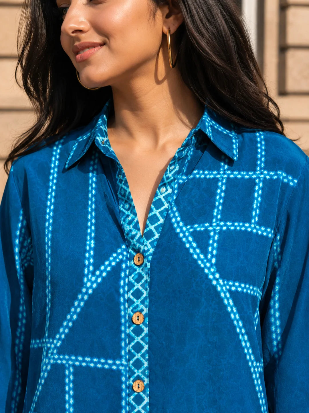 Teal Blue Bandhani Printed Shirt with Wooden Button Fastener in Crepe