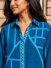 Teal Blue Bandhani Printed Shirt with Wooden Button Fastener in Crepe